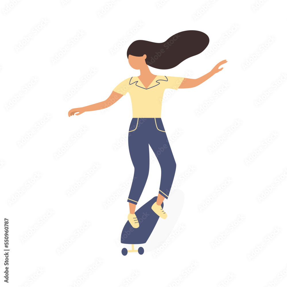 Young woman riding on skate board vector flat cartoon illustration. Girl skateboarding and doing tricks. Active lifestyle, extreme sport concept