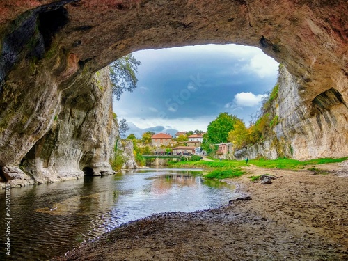 Bild auf Leinwand Puentedey village is on a natural bridge over Nela river, Las Merindades, Burgos