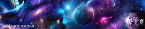 Space scene with planets  stars and galaxies  nebula. Panorama. Horizontal view. Template banner. 3d render