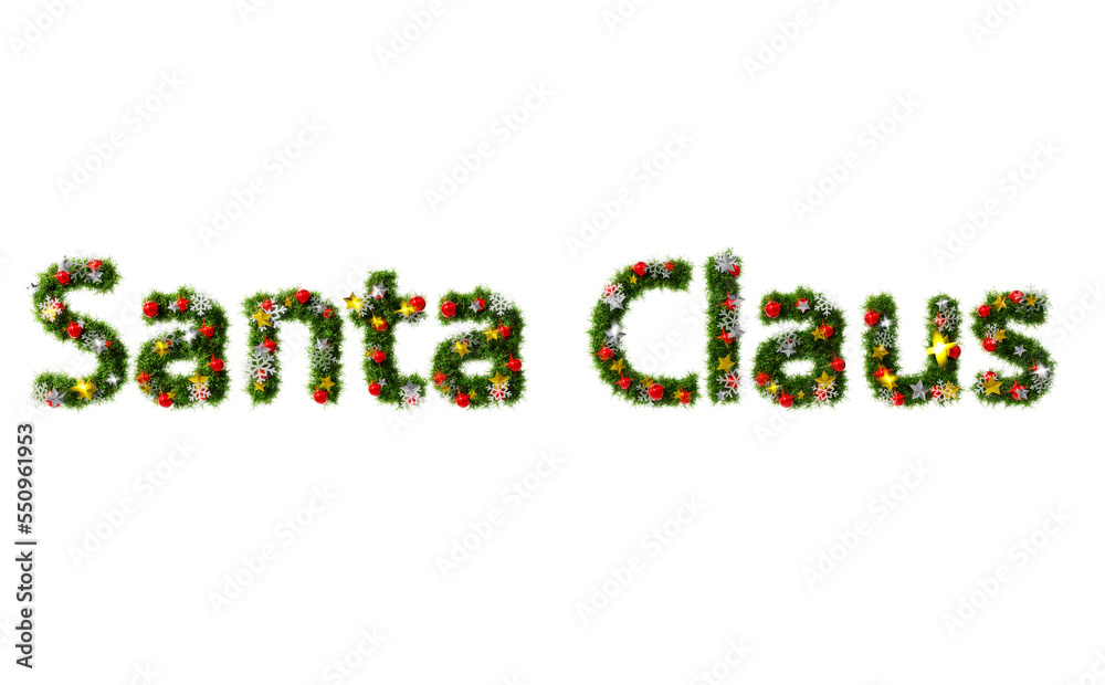 Beautiful christmas wreath like font in the shape of text Santa Claus with snowflake and shiny stars and red orbs on transparent background (RGBA 3D Rendering PNG) Beautiful christmas wreath like font in the shape of text Santa Claus with snowflake and shiny stars and red orbs on transparent background (RGBA 3D Rendering PNG)