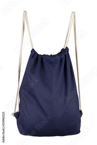 Drawstring pack template jute isolated on white. Blue bag.