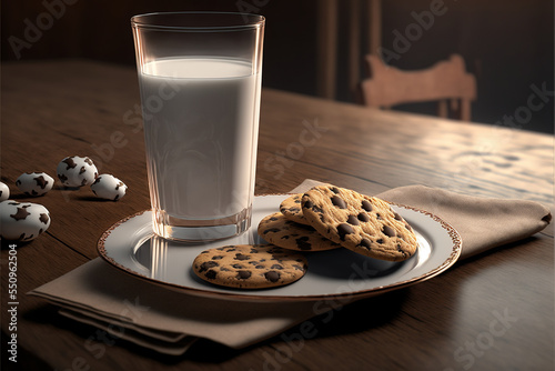 Foto chocolate chip cookies and milk, milk and cookies, food for Santa Claus