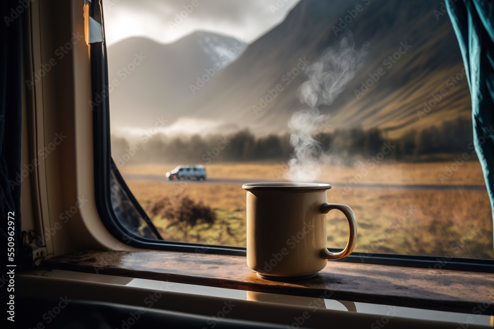 Steaming cup of coffee on the window sill of a campervan - Van Life and Slow living - obrazy, fototapety, plakaty 