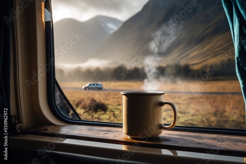Fotobehang Steaming cup of coffee on the window sill of a campervan - Van Life and Slow liv