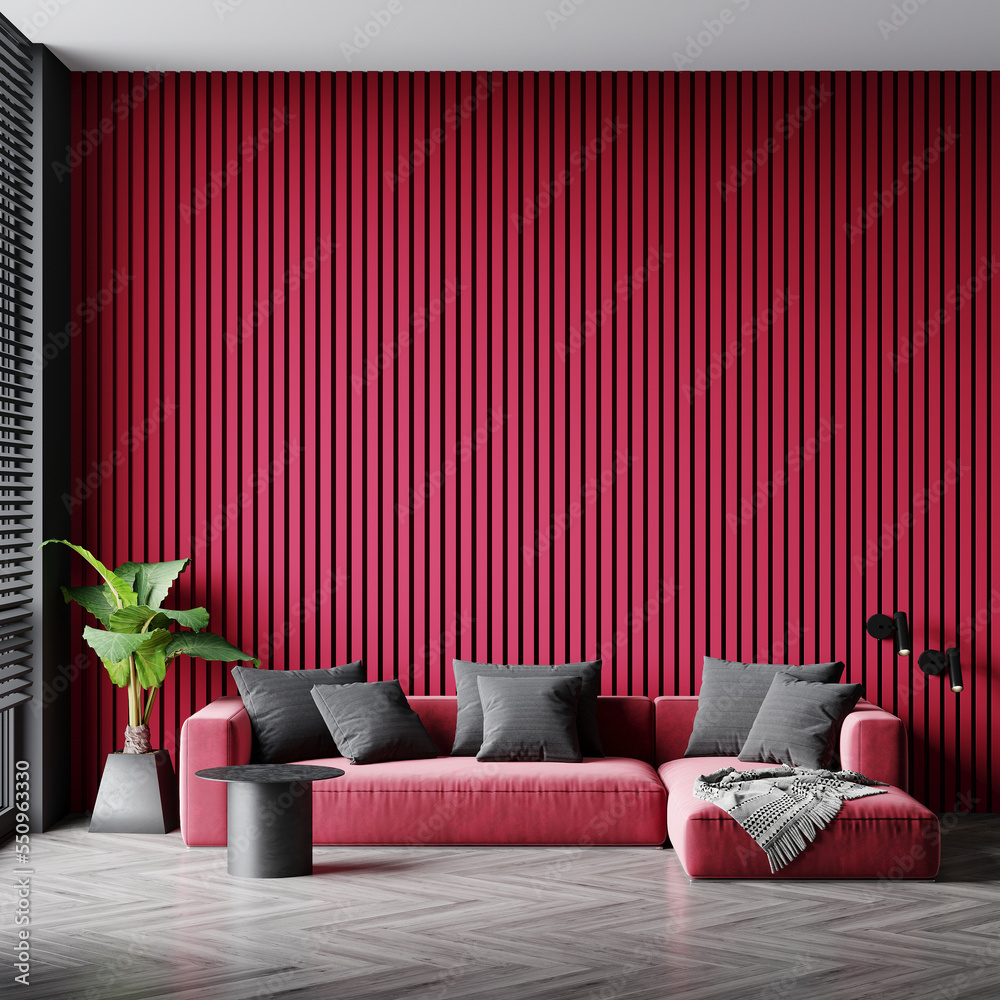 Luxury living room in trend 2023 color. Viva magenta walls, lounge furniture - red carmine, cochineal. Empty space for art or picture. Rich interior design. Mockup lounge or reception hall. 3d render - obrazy, fototapety, plakaty 