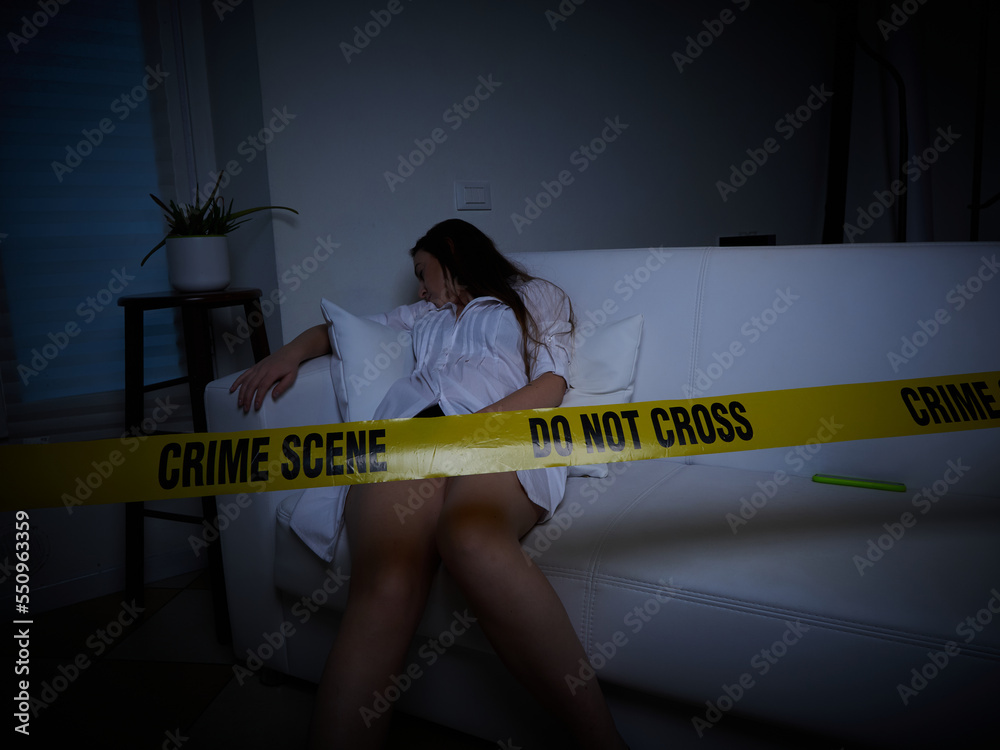 young woman lying dead on the floor after rape - crime scene foto de ...