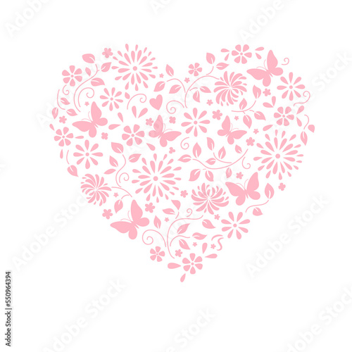pink heart from flowers and butterflies
