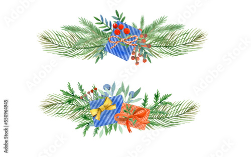 Hand-painted Christmas motifs in watercolor style. Decor for decorating postcards, invitations, covers. Compositions with fir branches, gifts, winter berries.