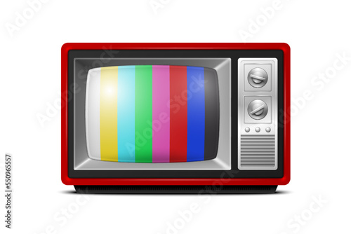 Vector 3d Realistic Red Retro Striped Screen TV Receiver Isolated on White Background. Home Interior Design Concept. Vintage TV Set, Television, Front View
