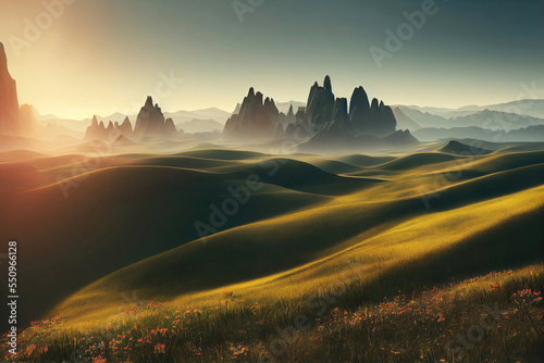 Beautiful mountains and fields at sunrise as landscape illustration