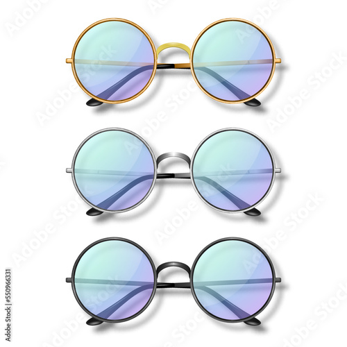 Vector 3d Realistic Round Frame Glasses Set Glass Isolated, Transparent Sunglasses for Women and Men, Accessory. Optics, Lens, Vintage, Trendy Glasses. Top View