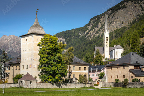 Idyllic landscape of Zernez village, Engadine, Swiss Alps, Switzerland photo