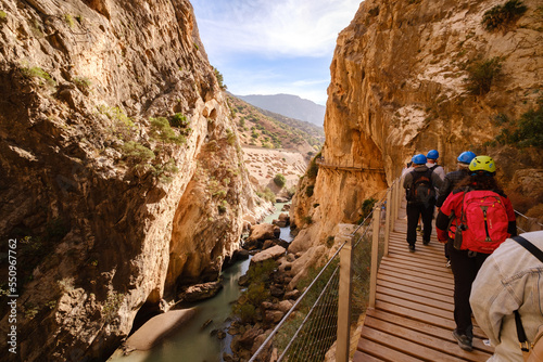 Caminito del Ray, Spain, November 24th 2022: The King's Path. A walkway along the steep walls of a narrow gorge in Spain.