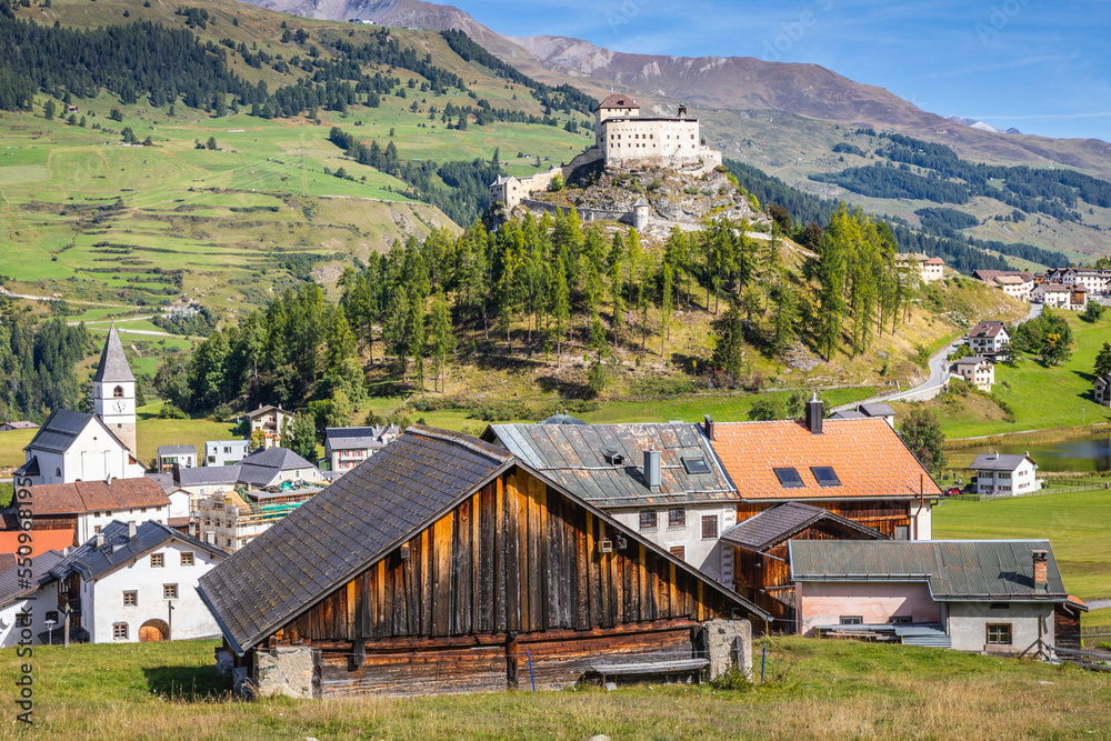 Idyllic landscape of Scuol Tarasp village, Engadine, Swiss Alps, Switzerland