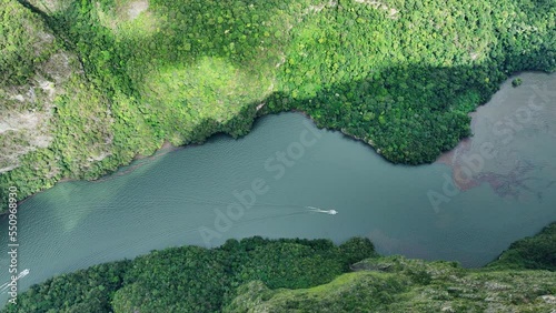 Aerial view of the majestic Canyon del Sumidero in Mexico. Flight over the canyon in the clouds.