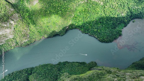 Aerial view of the majestic Canyon del Sumidero in Mexico. Flight over the canyon in the clouds. photo
