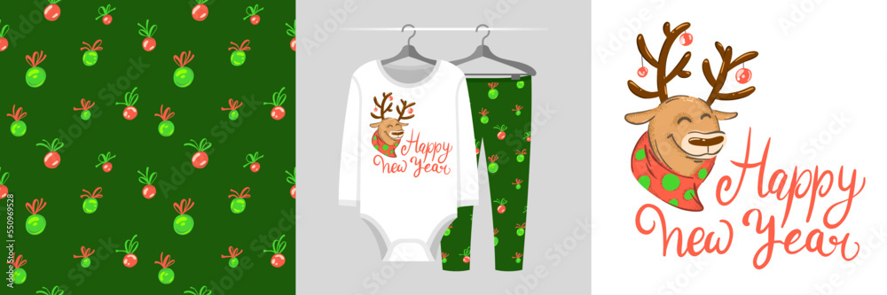 Seamless Christmas pattern and illustration for kid with deer, Happy New Year text. Cute design on pajamas mockup. Baby background for clothes wear, festive decor, t-shirt, greeting cards, wrapping Seamless Christmas pattern and illustration for kid with deer, Happy New Year text. Cute design on pajamas mockup. Baby background for clothes wear, festive decor, t-shirt, greeting cards, wrapping
