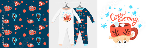 Seamless Christmas pattern and illustration for kid with deer cup of cocoa, Cozy evening text. Cute design on pajamas mockup. Baby background for clothes wear, room decor, t-shirt, wrapping