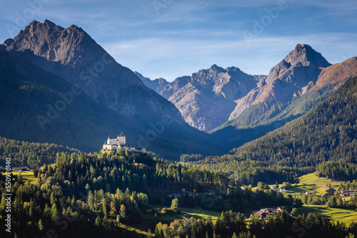 Above idyllic Scuol Tarasp village, Engadine, Swiss Alps, Switzerland