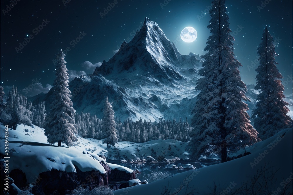 Winter Wonderland with mountains, moon and snow