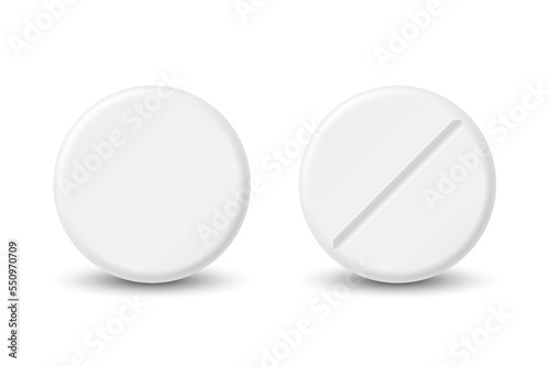 Vector 3d Realistic Round White Pharmaceutical Medical Pill, Capsule, Tablet Icon Set Isolated on White Background. Front View. Medical Concept