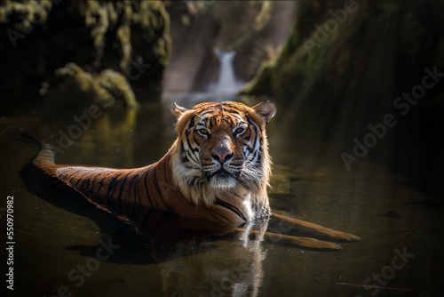 Tiger eye contact in water, Sumatran tiger in the water, Eye contact.