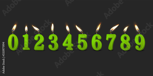 Vector 3d Realistic Paraffin or Wax Burning Green Birthday Party Candles, Numbers and Different Flame of a Candle Icon Set Isolated. Design Template, Clipart, Birthday Concept. Front View