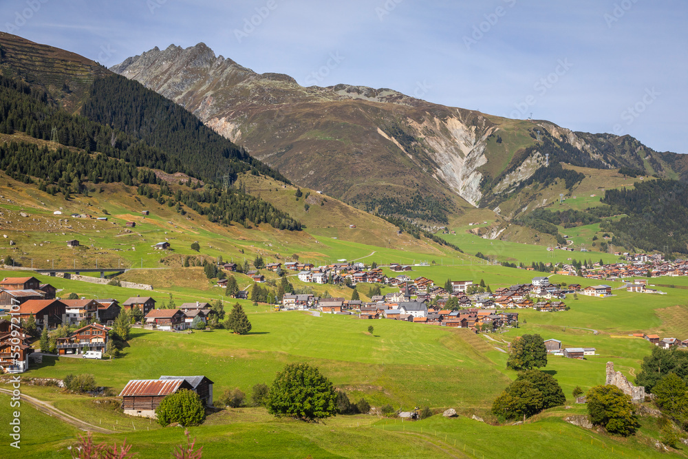 Idyllic landscape of village in Graubunden Canton, Swiss Alps, Switzerland