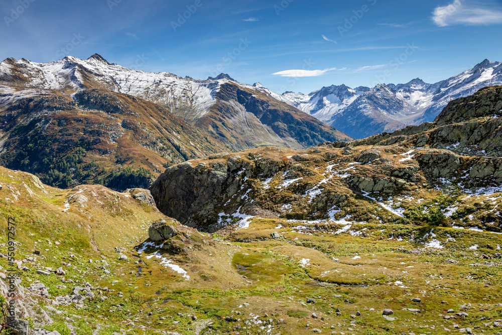 Idyllic landscape of village in Graubunden Canton, Swiss Alps, Switzerland