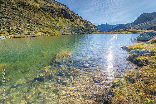 Fototapeta Naklejka Na Ścianę i Meble -  Alpine Lake at Fluela Pass in Graubunden alps, Grisons, Switzerland