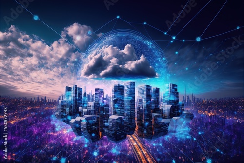 Smart city on the cloud, the concept of connecting devices all over the world. Big data collection. 3D illustration