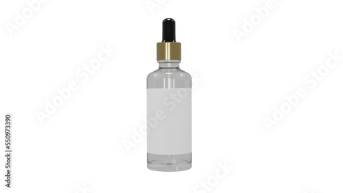 Mock up of realistic transparent glass bottle for oil and cosmetics with dropper or pipette on transparent background. Cosmetic concept. 3D render