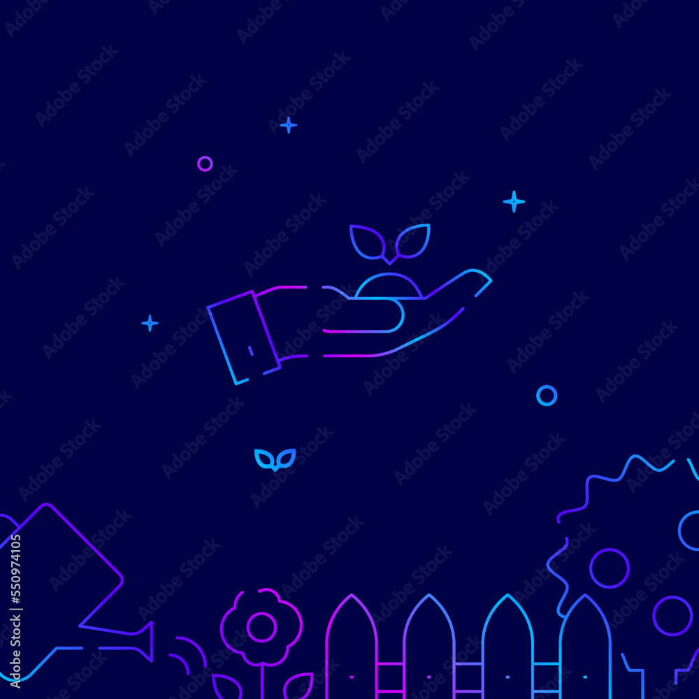 Hand holding plant sprout gradient line icon, vector illustration