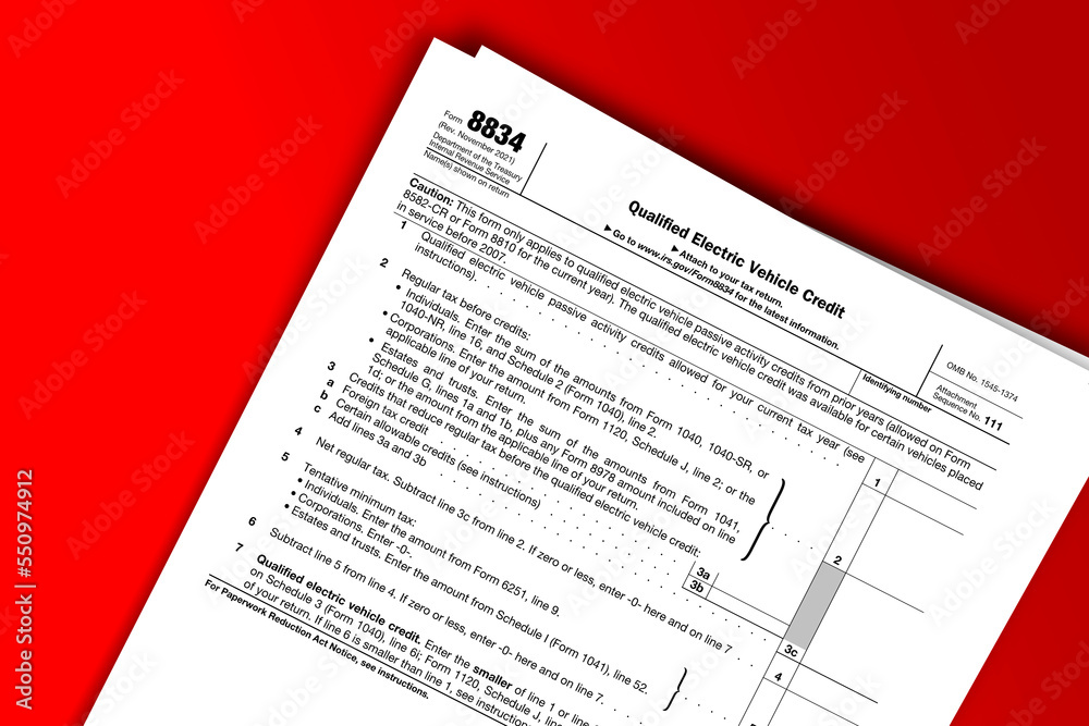 Fototapeta premium Form 8834 documentation published IRS USA 44207. American tax document on colored