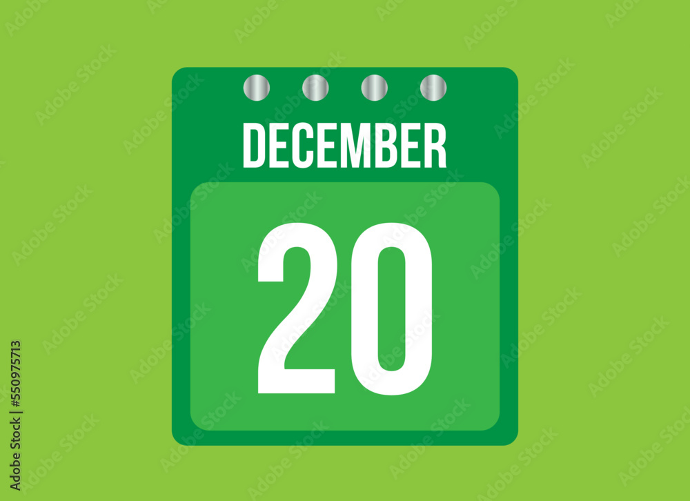 20 day december calendar vector. Calendar page icon for the month of december with metallic pin. Calendar on green background. 20 day december calendar vector. Calendar page icon for the month of december with metallic pin. Calendar on green background.