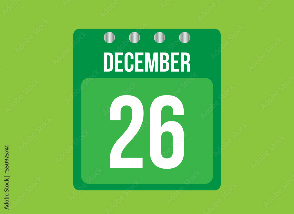 26 day december calendar vector. Calendar page icon for the month of december with metallic pin. Calendar on green background. 26 day december calendar vector. Calendar page icon for the month of december with metallic pin. Calendar on green background.