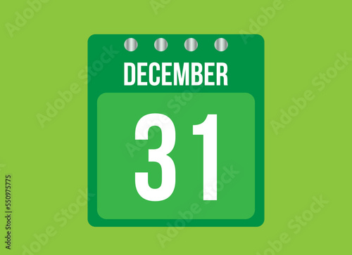 31 day december calendar vector. Calendar page icon for the month of december with metallic pin. Calendar on green background.