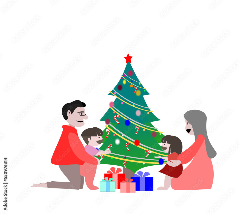  Vector Parents and children help decorate the Christmas tree.family and happy new year concept.illusatration on isalate white background.