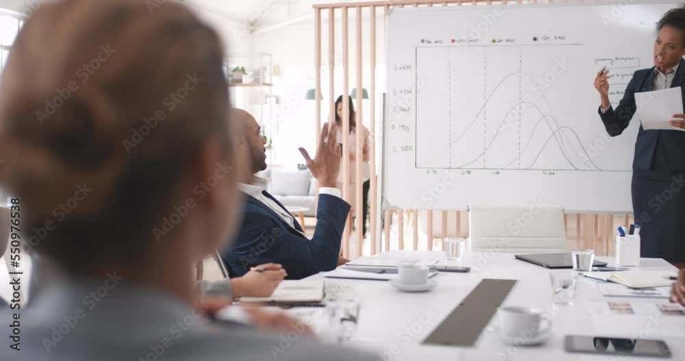 Business meeting, presentation and manager on whiteboard for analytics report, finance strategy and company sales in data graph. Accounting, negotiation and presenter black woman for clients proposal