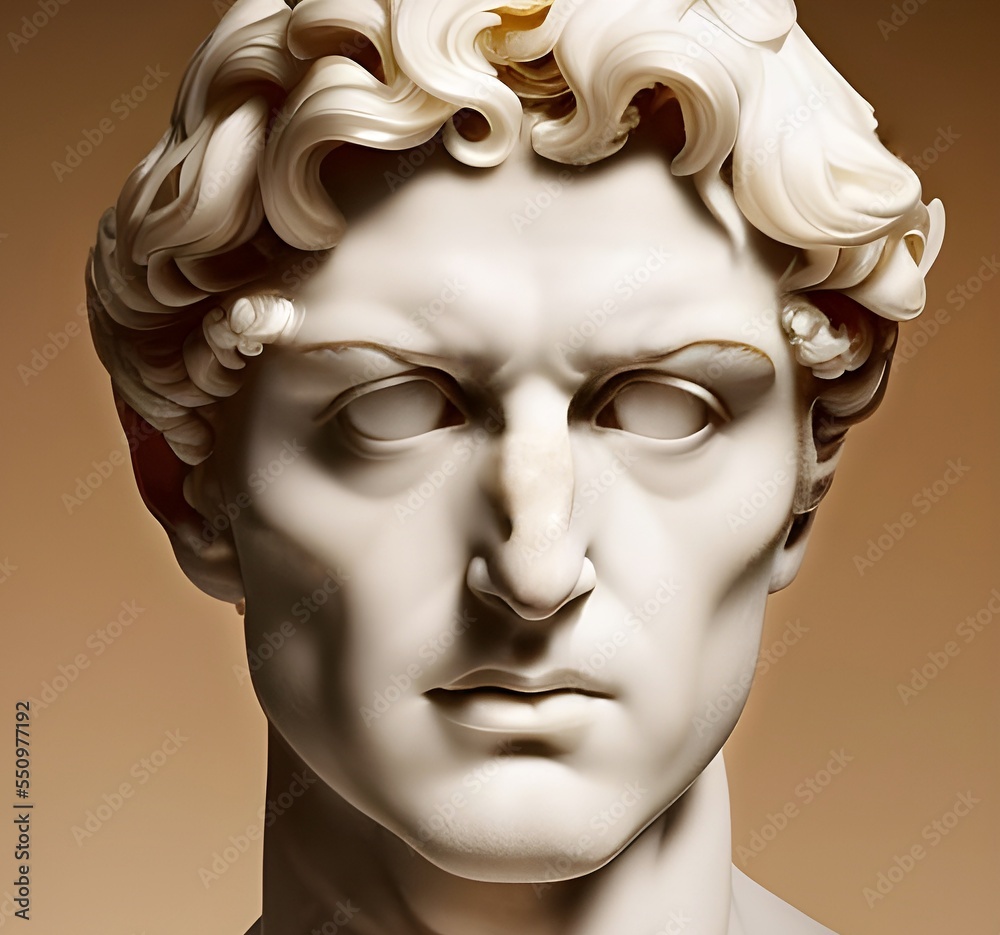 3D illustration featuring a white marble Greek statue bust of a handsome  young man with a chiseled face and alabaster skin. Marble bust of the Greek  god Adonis, god of beauty. Stock