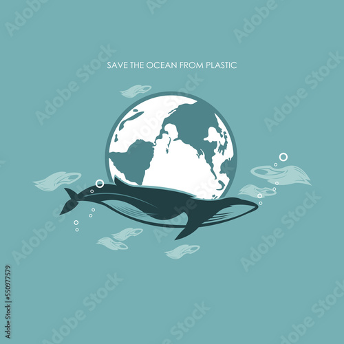 plastic sea pollution pposter, silhouette of big whale and earth cector illustrations