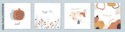 Set of winter Hygge themed square cards templates. Holiday season collection hand drawn vector illustrations.
