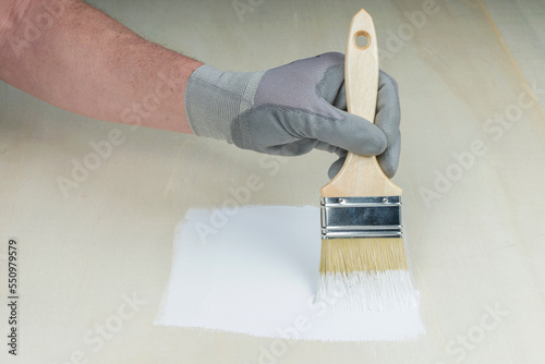 PAINTER'S HAND
WITH BRUSH PAINTING ON WOOD. DIY CONCEPT.