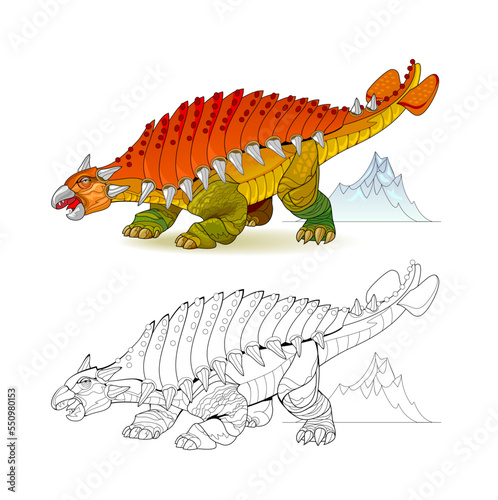 Colorful and black and white page for coloring book. Illustration of ankylosaurus. Printable worksheet for children exercise book. Online education. Clip-art cartoon vector. Animals for kids.