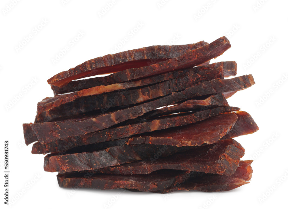 Pieces of delicious beef jerky on white background Pieces of delicious beef jerky on white background