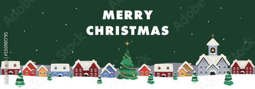 雪が降る中で光り輝くクリスマスツリーと冬の街並みのクリスマスバナー広告テンプレート（緑）　Christmas banner ad template of glowing Christmas tree and winter cityscape in falling snow (green)