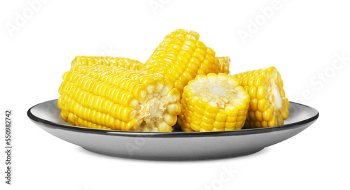 Tableau sur toile Plate with tasty cooked corn cobs on white background