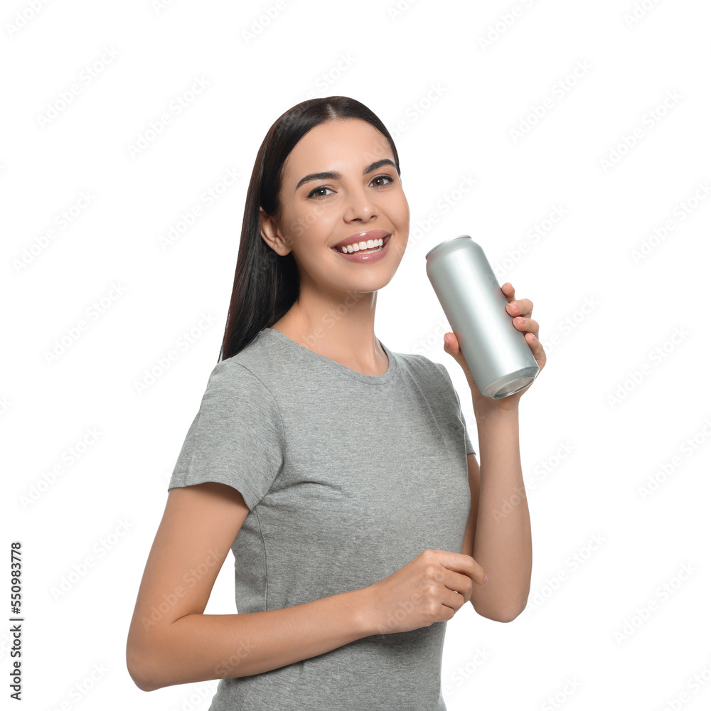 Beautiful happy woman holding beverage can on white background Beautiful happy woman holding beverage can on white background