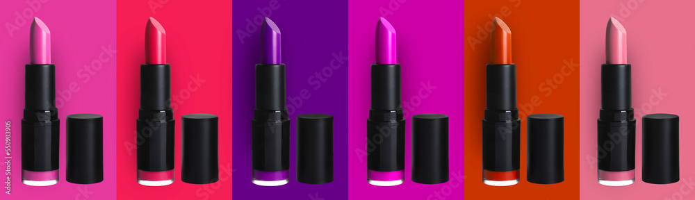 Set with beautiful lipsticks on different color backgrounds. Banner design Set with beautiful lipsticks on different color backgrounds. Banner design