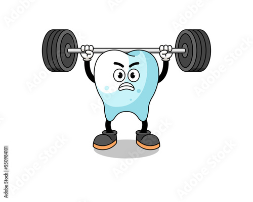 tooth mascot cartoon lifting a barbell
